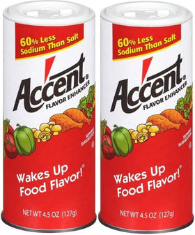 Ac'cent Flavor Enhancer two-pack canisters elevate dishes with savory, low-sodium flavor.
