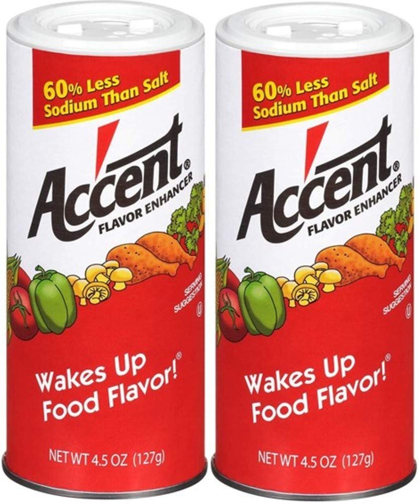 Ac'cent Flavor Enhancer two-pack canisters elevate dishes with savory, low-sodium flavor.