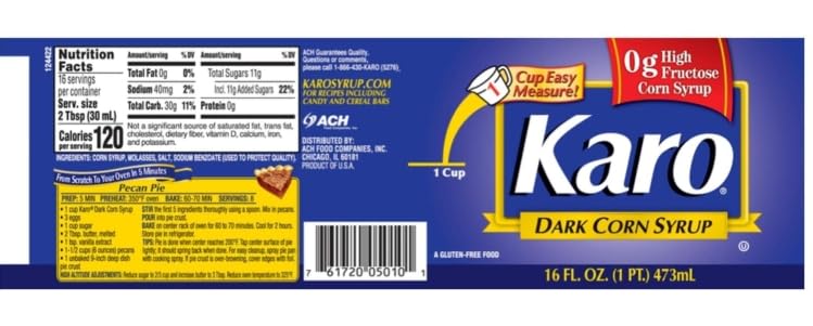 Ach Food Karo Dark Corn Syrup back label details ingredients and storage.