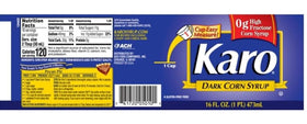 Ach Food Karo Dark Corn Syrup back label details ingredients and storage.