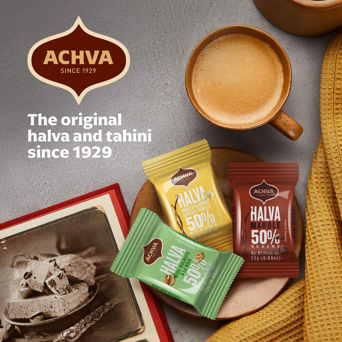 Achva Halva marble bar with chocolate swirl, creamy bite with sesame.