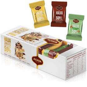 Achva Halva variety-pack vanilla-walnut-marble, ideal for quick, plant-based snacks.