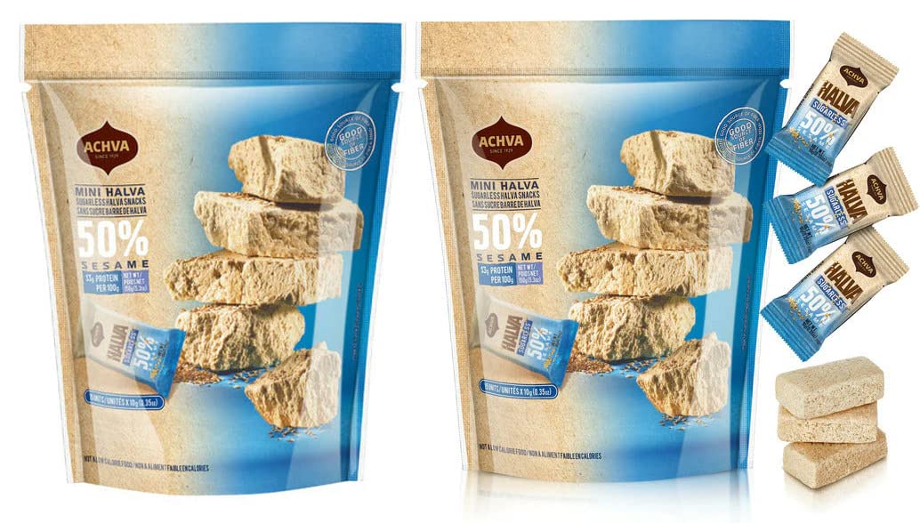 Achva sugar-free mini halva bars snack bag front view for quick bites