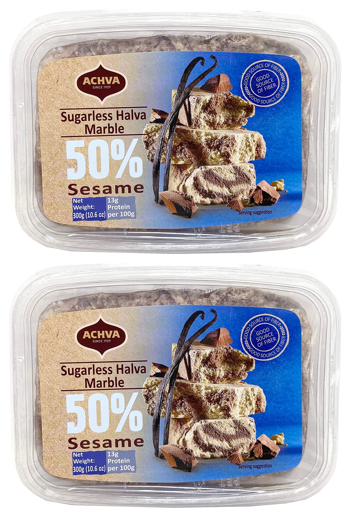 Achva Marble Sugarless Halva vanilla-chocolate marble on a tray, ideal for snacking.