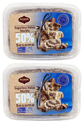 Achva Marble Sugarless Halva vanilla-chocolate marble on a tray, ideal for snacking.