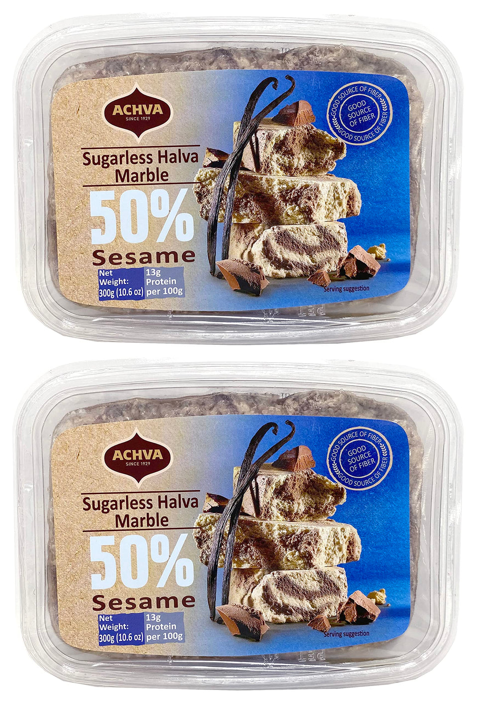 Achva Marble Sugarless Halva vanilla-chocolate marble on a tray, ideal for snacking.