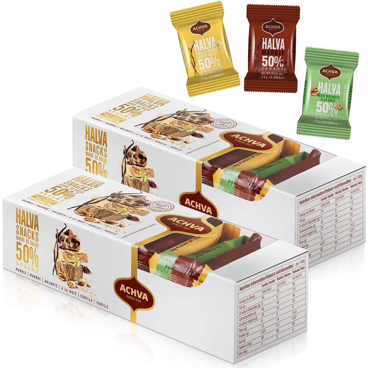 Achva Halvah Variety Pack hero image showing vegan, kosher snacks