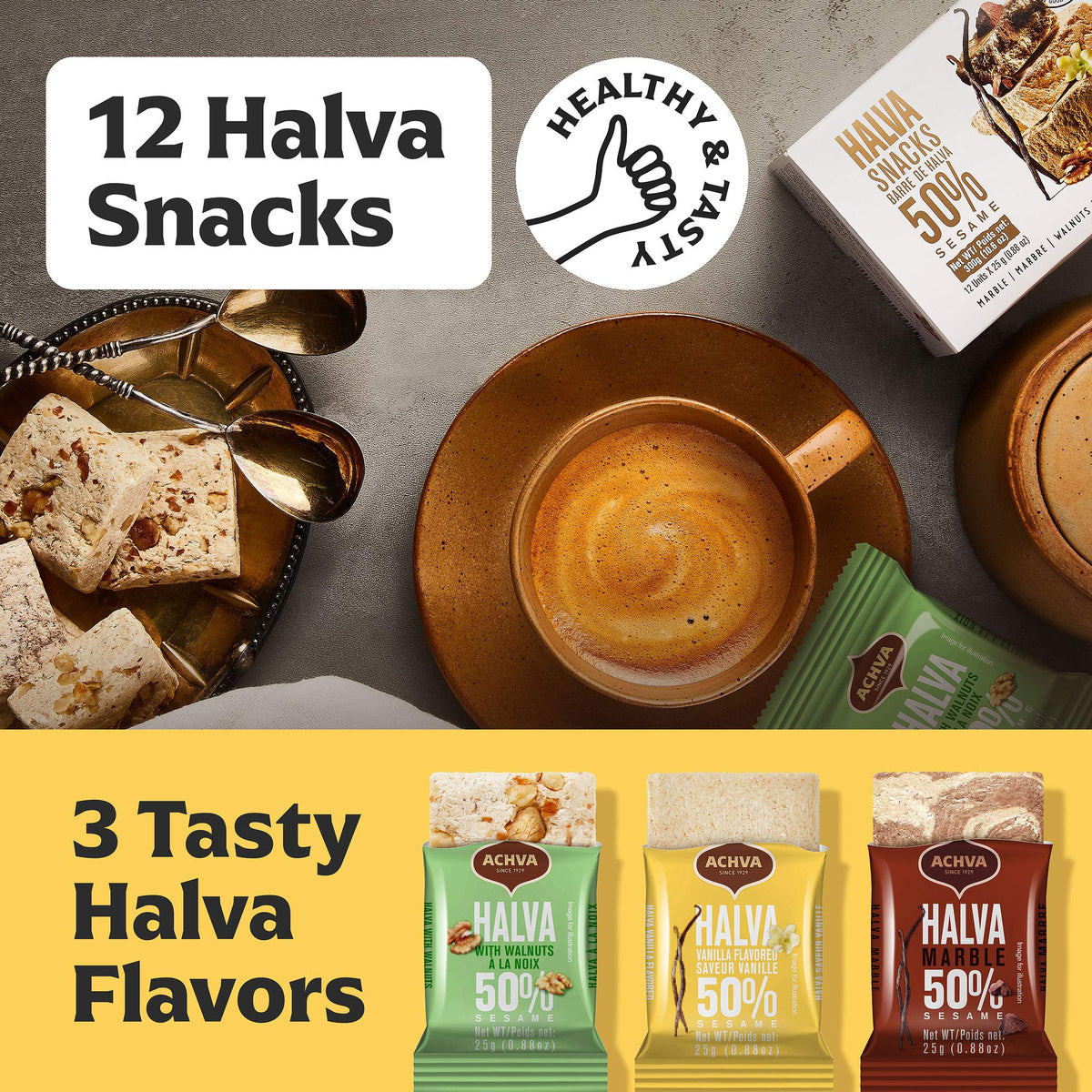 Achva Halvah open pack image with three flavors on display