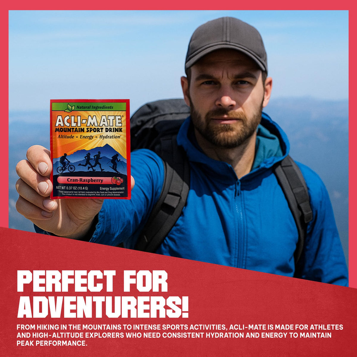 Acli-Mate Cranraspberry packets beside cycling gear for trail hydration