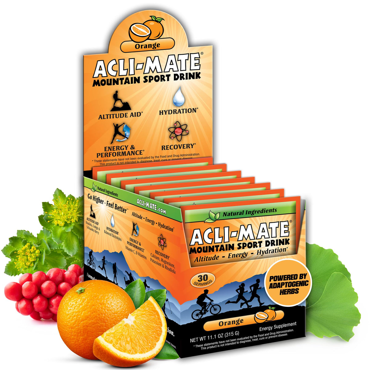 Acli-Mate Mountain Drink orange packets for high-altitude hydration and easy travel.