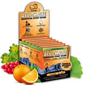 Acli-Mate Mountain Drink orange packets for high-altitude hydration and easy travel.