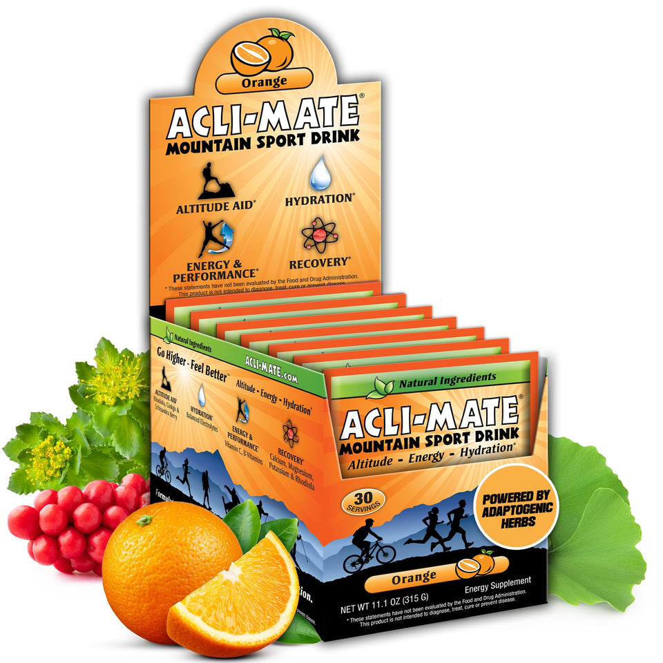 Acli-Mate Mountain Drink orange packets for high-altitude hydration and easy travel.