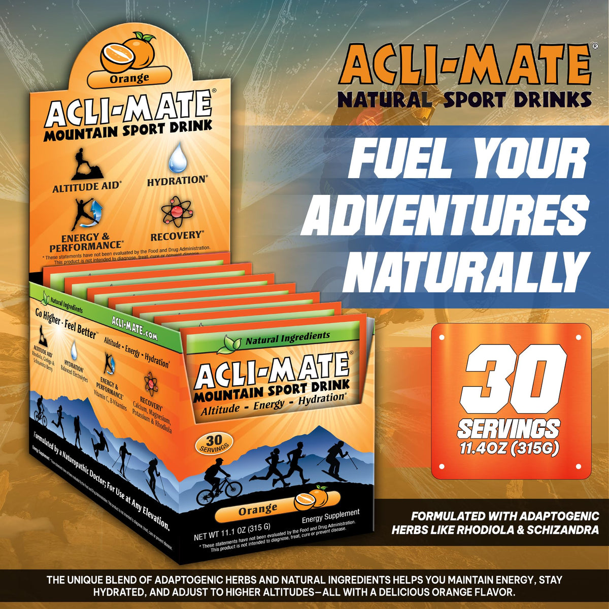 Acli-Mate orange packet close-up highlighting vitamin C and botanicals for acclimatization.