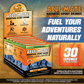 Acli-Mate orange packet close-up highlighting vitamin C and botanicals for acclimatization.
