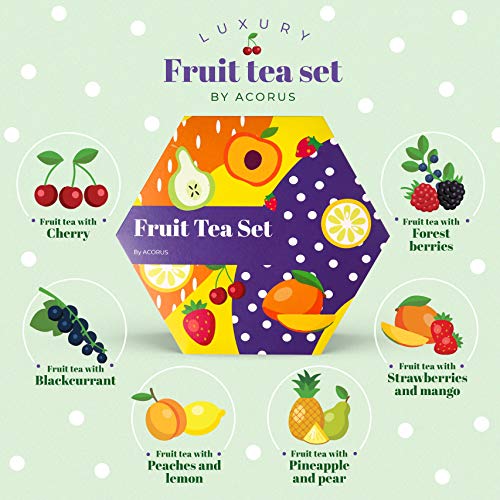 ACORUS 6-flavor fruit tea sampler display, showcasing diverse flavors.