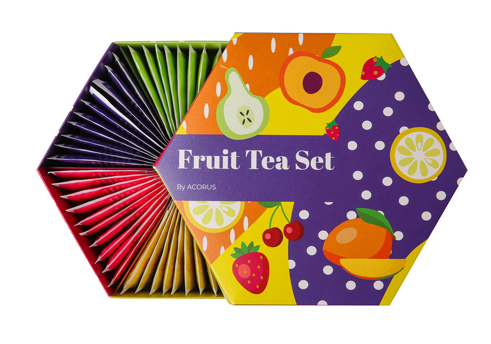 ACORUS fruit luxury tea set box exterior, ideal for gifting and tasting variety.
