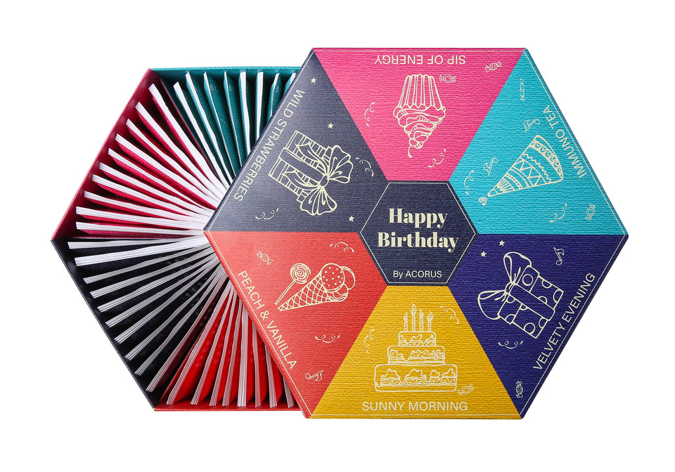 Acorus Happy Birthday gift box front view, ideal for gifting and festive tea moments.