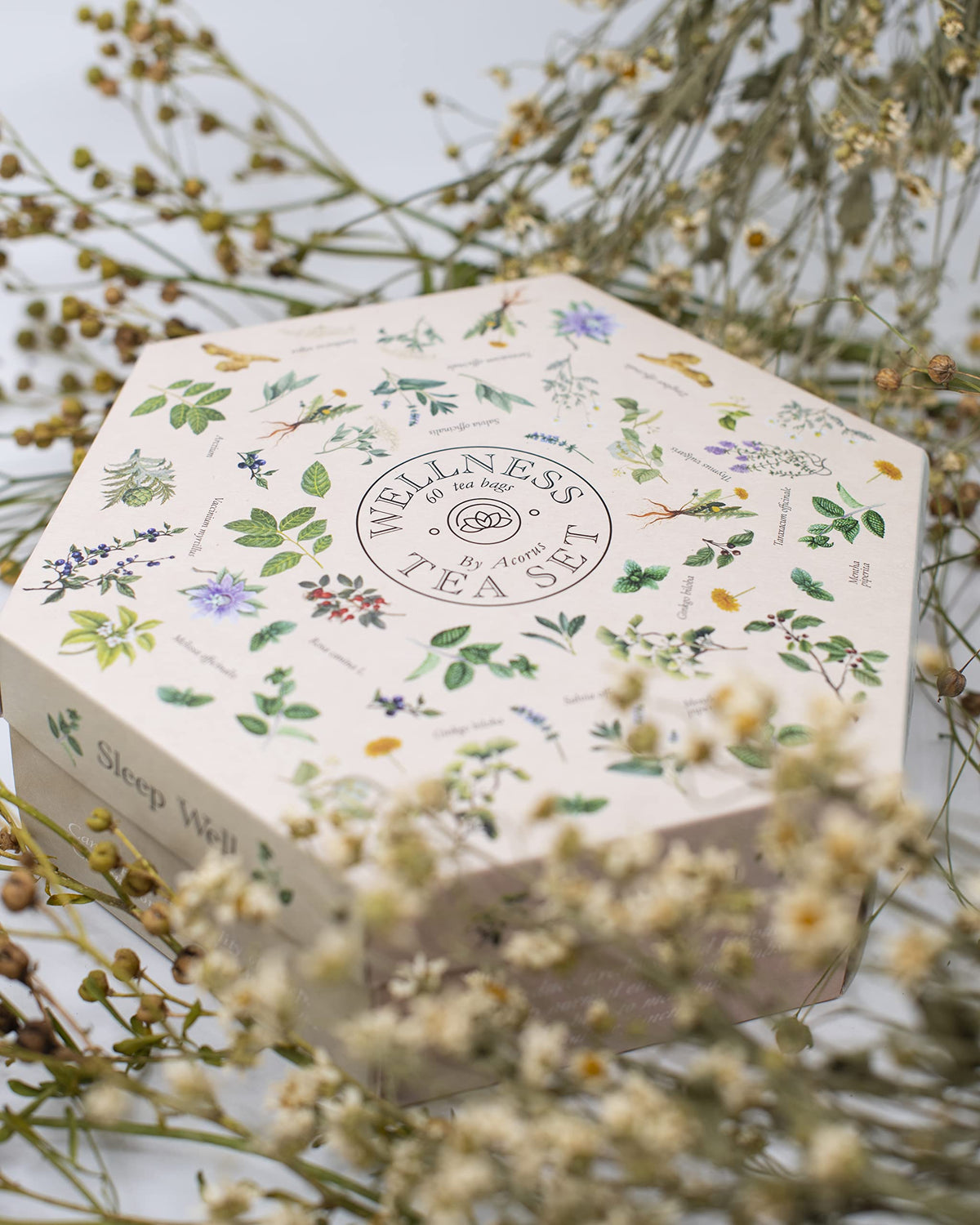 ACORUS chamomile blend tea, calming floral aroma for winding down.