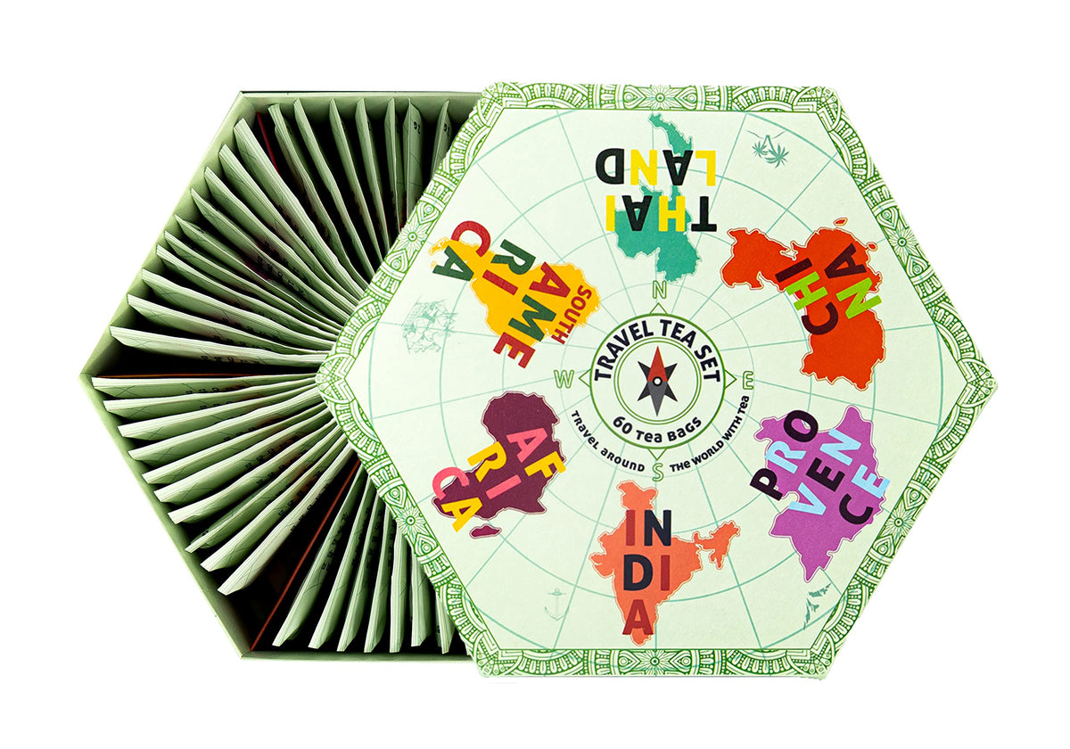 ACORUS Travel Tea Set 60-bag box showcases assorted herbal and fruit teas for world tasting journeys.