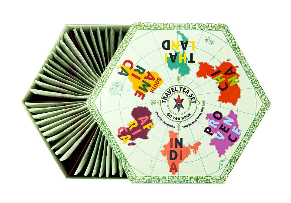 ACORUS Travel Tea Set 60-bag box showcases assorted herbal and fruit teas for world tasting journeys.