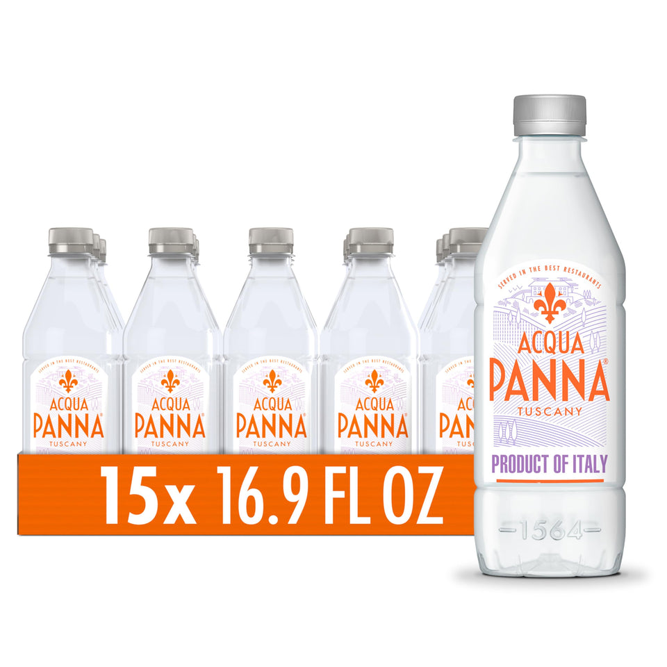 Acqua Panna bottle being poured, clean hydration for meals and refined dining