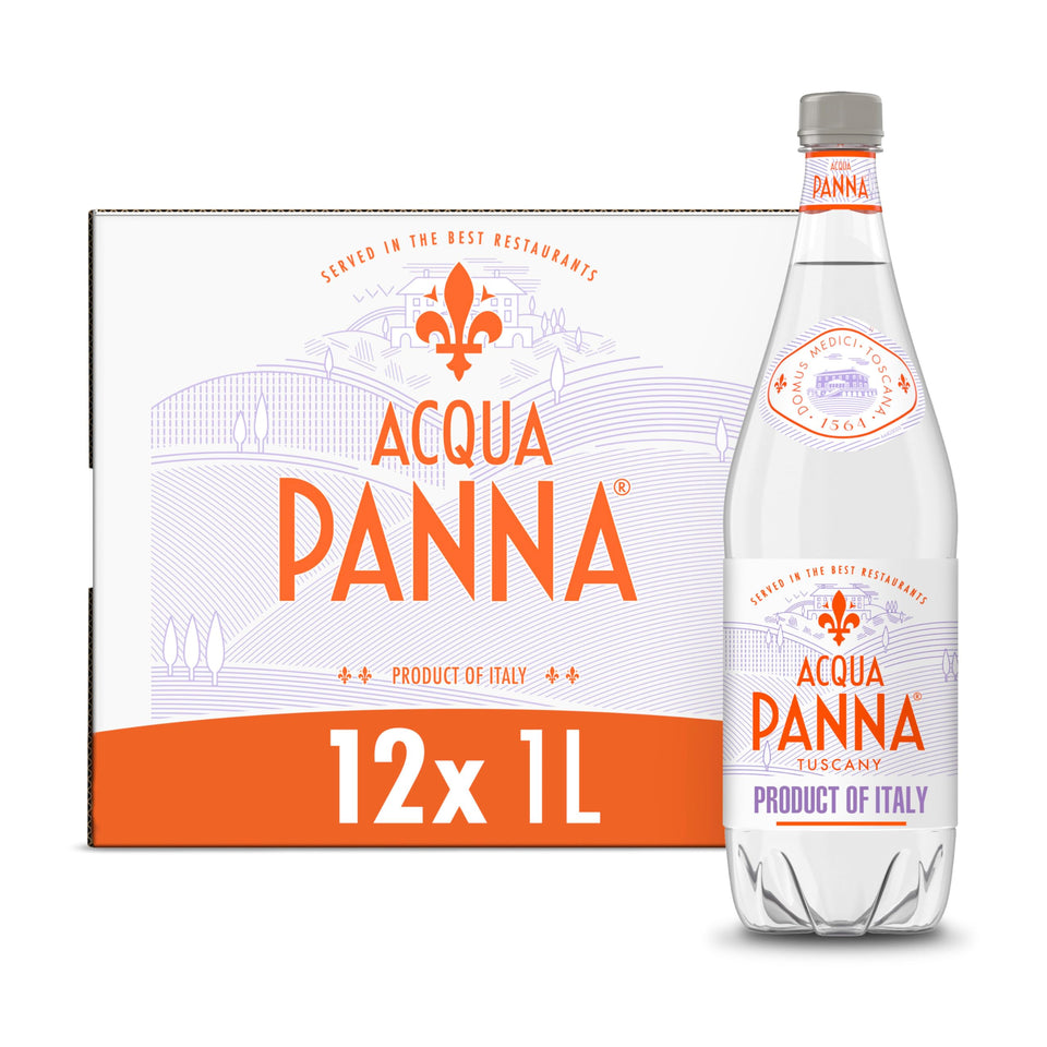 Acqua Panna bottle on table, enhancing dining with refined taste.