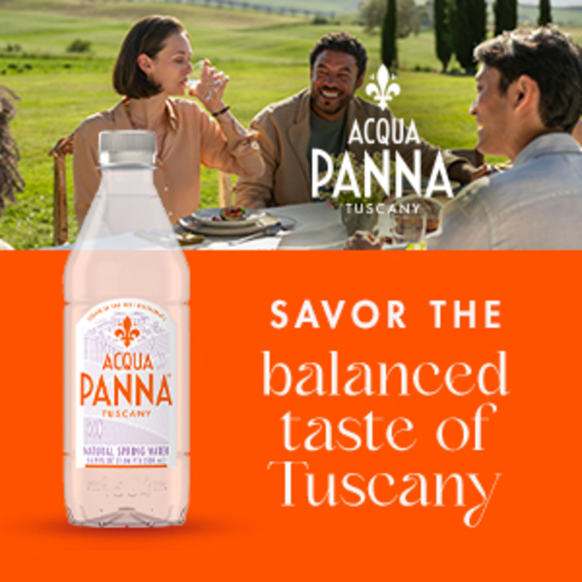 Acqua Panna source imagery from Tuscany hills, natural filtration symbol