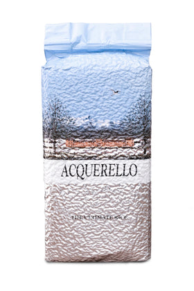 Acquerello aged Carnaroli rice pack shown, highlighting premium packaging for authentic risotto.