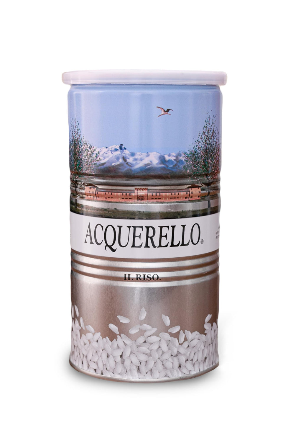 Acquerello Carnaroli risotto rice in a tin, ideal for creamy, restaurant-quality risotto at home