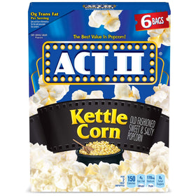 ACT II Kettle Corn boxes show six-pack packaging for quick, shareable snacking.