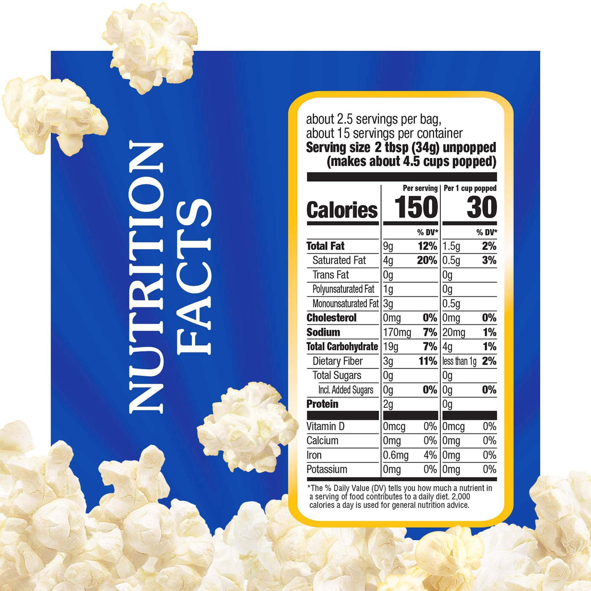 ACT II Kettle Corn label highlights zero trans fat per serving.