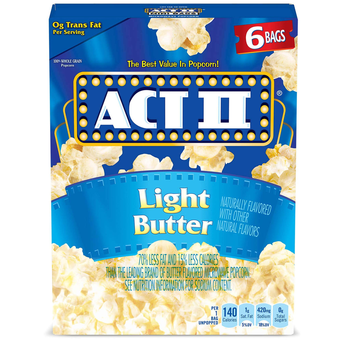 ACT II Light Butter popcorn packaging shows six boxes for pantry snacks