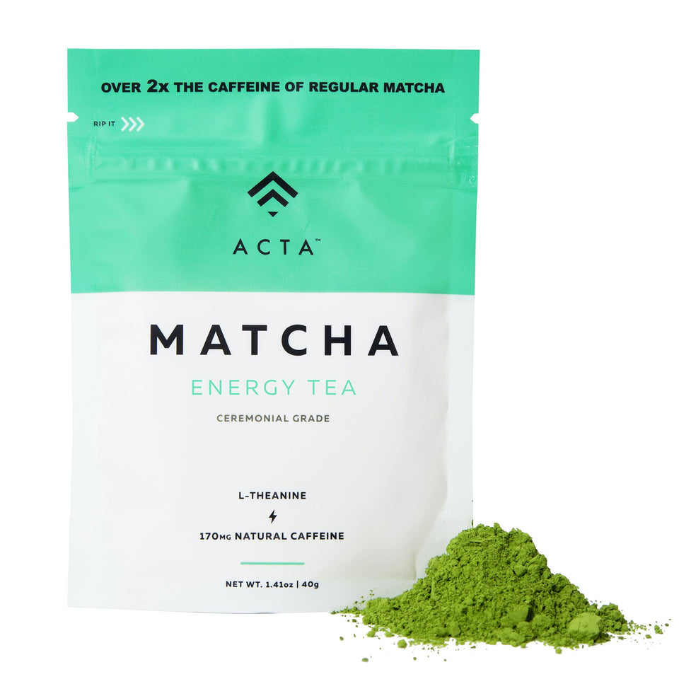 ACTA Matcha Energy Tea packaging highlights premium quality for easy mornings.