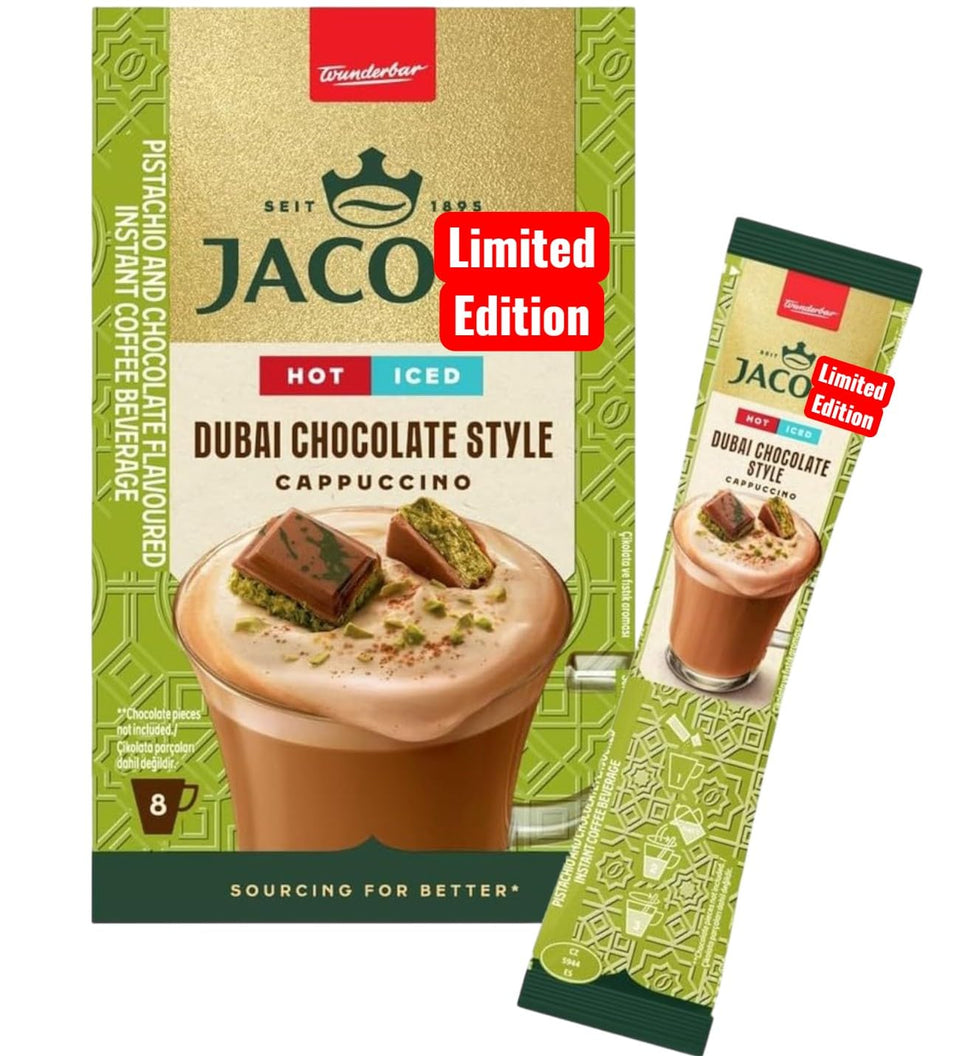 ActiNET Jacob’s Dubai pistachio chocolate cappuccino pour creates a rich, aromatic home latte.