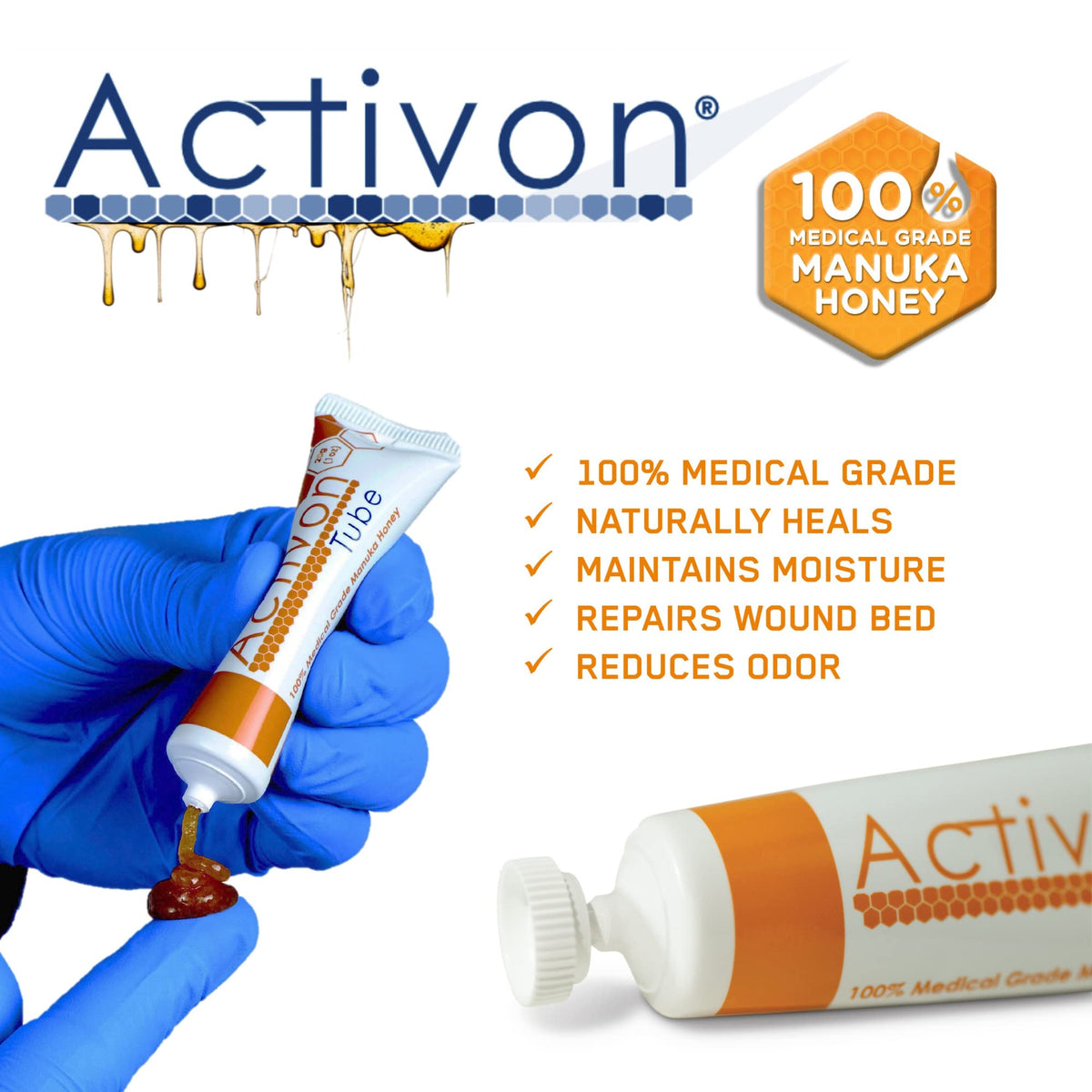 ActivOn Manuka honey gel tube application close-up for easy wound care