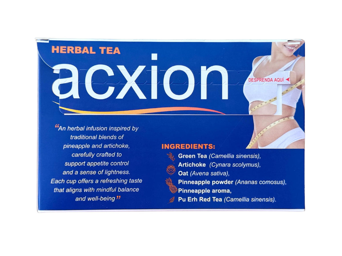 Acxion pineapple and green tea blend box front promotes a refreshing daily ritual.