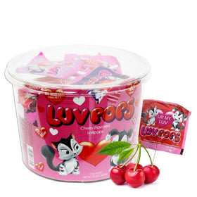 Adams & Brooks Luv Pops heart-shaped cherry lollipops tub, perfect for sharing and gifting.