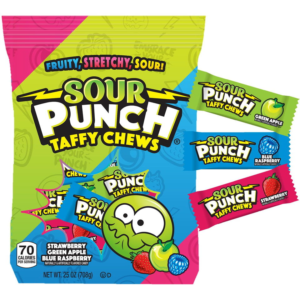 Adams & Brooks Sour Punch Taffy strawberry flavor for quick tangy snacking.