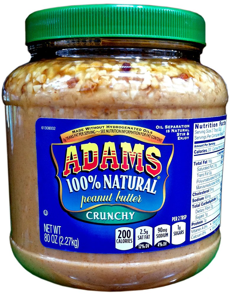 ADAMS crunchy peanut butter 80oz jar, ideal for sandwiches.