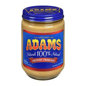ADAMS Crunchy Peanut Butter jar close-up highlighting natural ingredients for healthy snacking