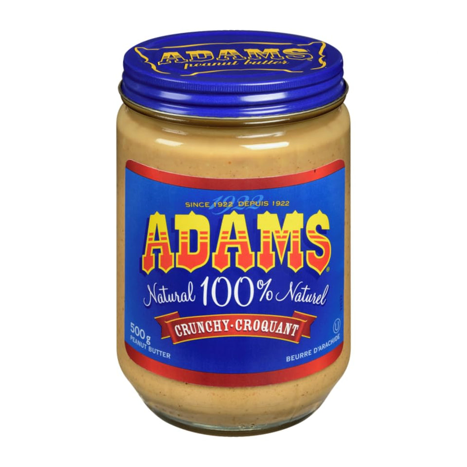 ADAMS Crunchy Peanut Butter jar close-up highlighting natural ingredients for healthy snacking