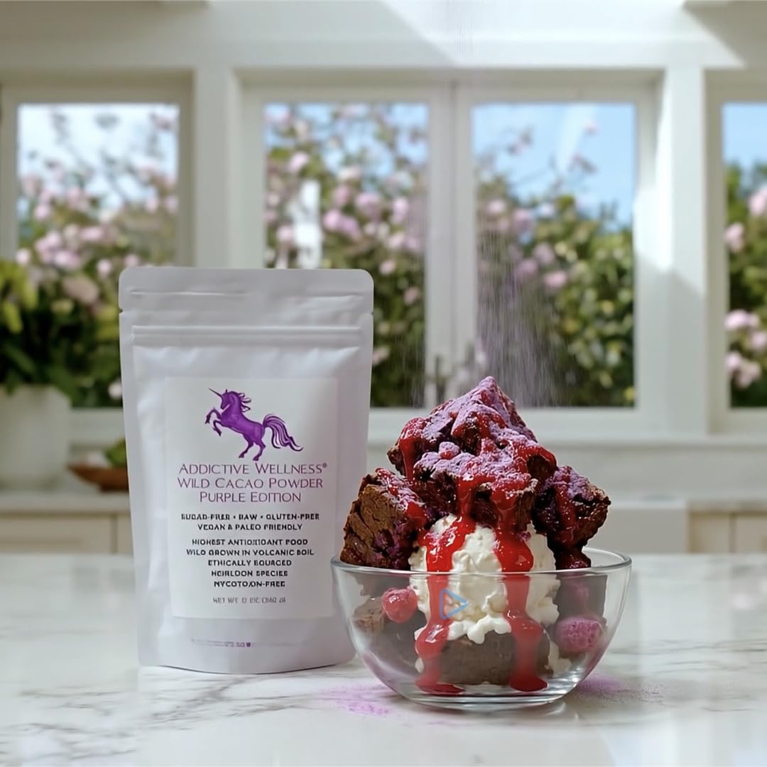 Addictive Wellness Purple Cacao Powder close-up emphasizing single-ingredient cacao and purity