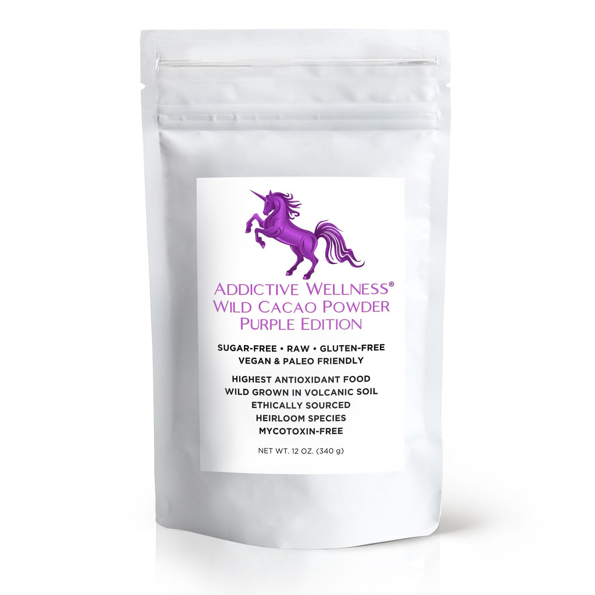 Addictive Wellness Purple Cacao Powder jar pour showing smooth texture for smoothies