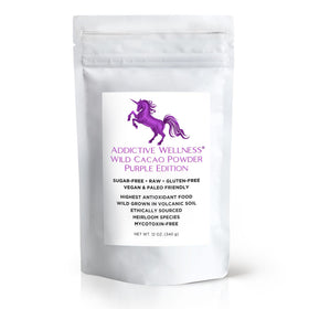 Addictive Wellness Purple Cacao Powder jar pour showing smooth texture for smoothies
