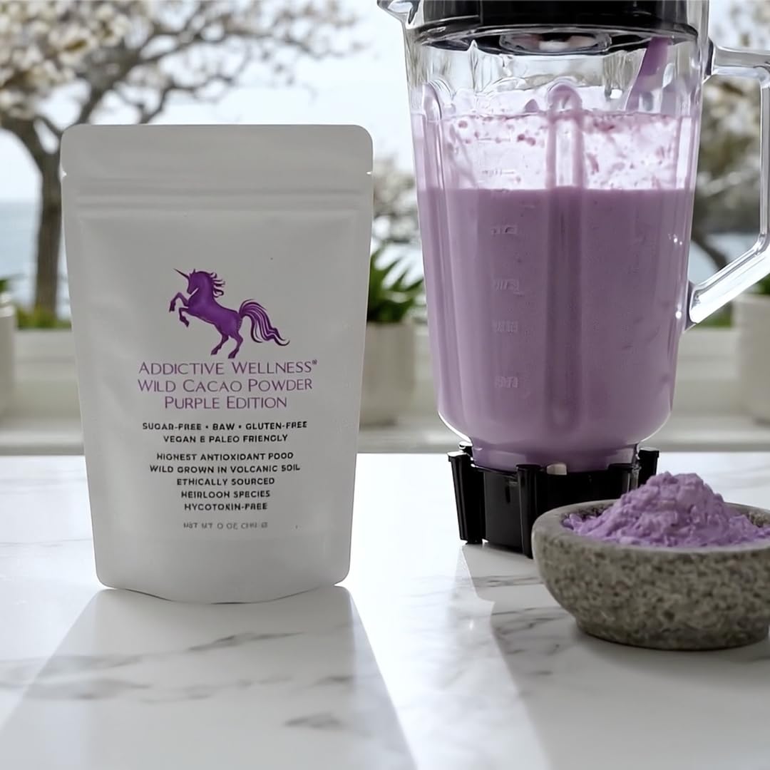 Addictive Wellness Purple Cacao Powder tub label close-up highlighting Arriba Nacional origin and purity