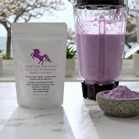 Addictive Wellness Purple Cacao Powder tub label close-up highlighting Arriba Nacional origin and purity