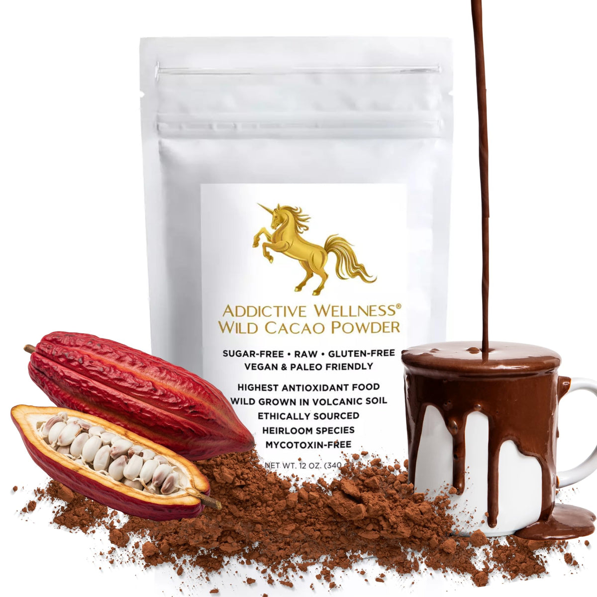 Addictive Wellness raw cacao powder Arriba Nacional jar showcases premium quality cacao.
