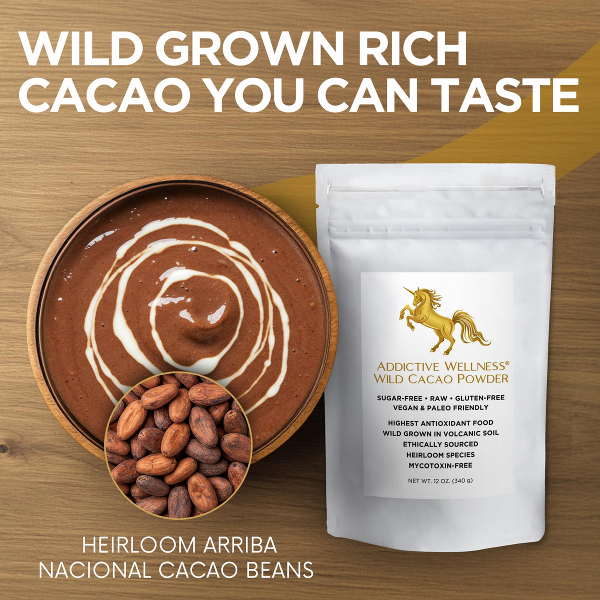 Addictive Wellness raw cacao powder close-up label highlights ethical sourcing and purity.
