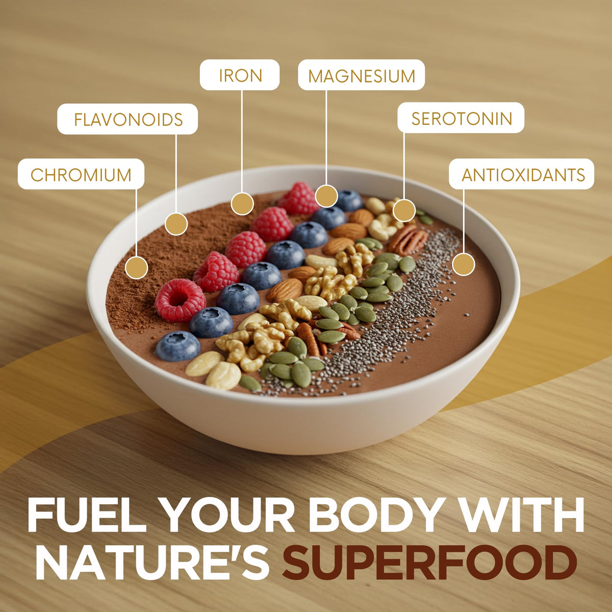 Addictive Wellness raw cacao powder in smoothie image emphasizes keto-friendly, plant-based nutrition.