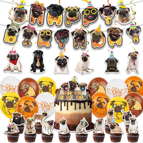 ADIANZI pug party banner showcases playful pug faces for festive birthday decor.